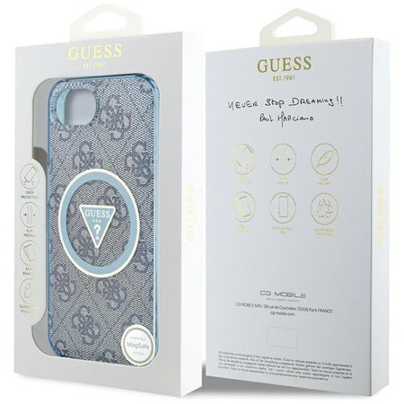 Guess IML Metal Glitter 4G Circle Triangle MagSafe - pouzdro pro iPhone 16e (modré)
