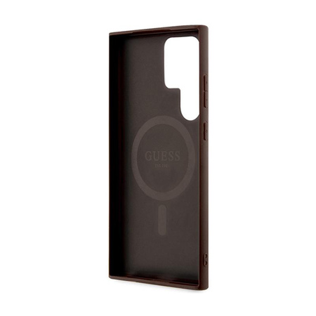 Guess 4G Collection Cuir Logo Métal MagSafe - Étui Samsung Galaxy S24 Ultra (marron)