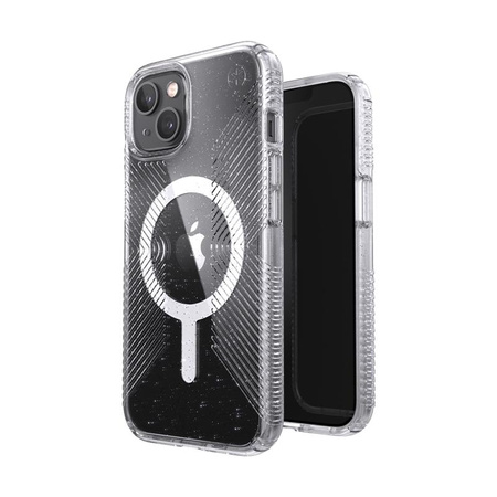 Speck Presidio Perfect-Clear s třpytkami + Gripy + MagSafe - pouzdro pro iPhone 13 s povrchovou úpravou MICROBAN (čiré/platinové třpytky)