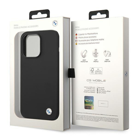 BMW Liquid szilikon tok fém logó - iPhone 14 Pro Max tok (fekete)