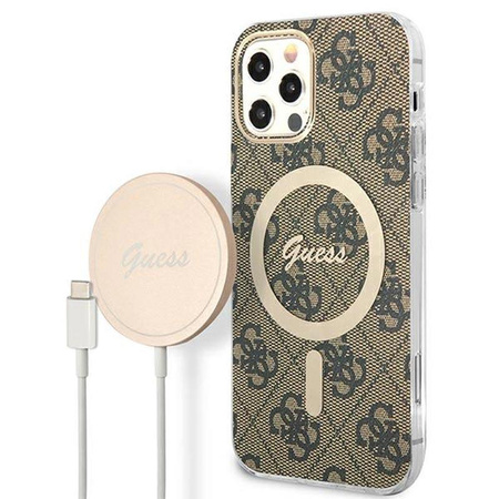 Guess Bundle Pack MagSafe 4G - pouzdro MagSafe pro iPhone 12 / iPhone 12 Pro + sada nabíječky (hnědá/zlatá)