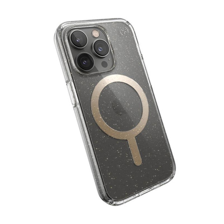 Speck Presidio Perfect-Clear avec paillettes + MagSafe - Coque pour iPhone 14 Pro avec revêtement MICROBAN (transparent / paillettes d'or)
