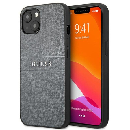 Guess Saffiano fém logós csíkok - iPhone 13 mini tok (szürke)