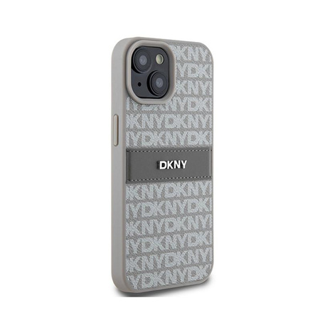 DKNY Leather Mono Stripe & Metal Logo - Coque pour iPhone 15 Plus / 14 Plus (beige)