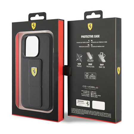 Ferrari Grip Stand Metal Logo - pouzdro pro iPhone 15 Pro (černé)