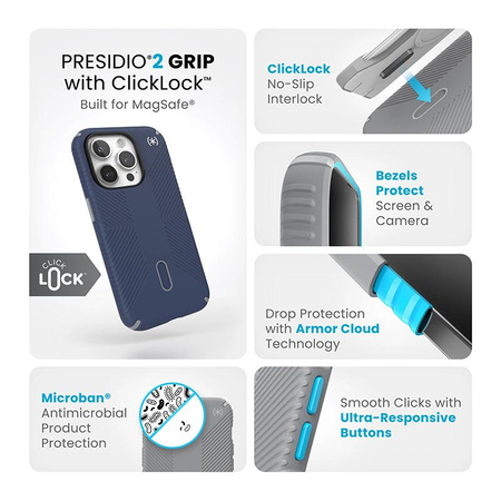 Speck Presidio2 Grip ClickLock & MagSafe - Coque pour iPhone 15 Pro (Bleu côtier/Gris poussière)