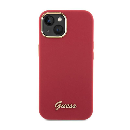 Guess szilikon script fém logó és keret - iPhone 15 tok (magenta)