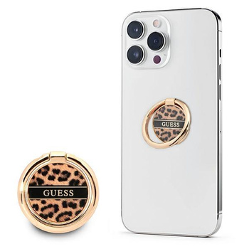 Guess Ring Stand Leopard - Magnetic finger holder for phone (Brown)