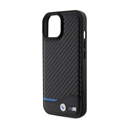 BMW Leather Carbon Blue Line - pouzdro pro iPhone 15 (černé)