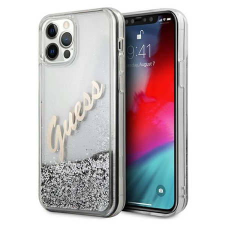 Guess Glitter Vintage Script - Etui iPhone 12 Pro Max (srebrny)