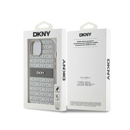 DKNY Leather Mono Stripe & Metal Logo - Coque pour iPhone 15 Plus / 14 Plus (beige)