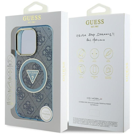Guess IML Metal Glitter 4G Circle Triangle MagSafe - Hülle für iPhone 16 Pro (blau)