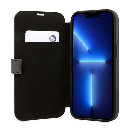 BMW Booktype Leather Stamp Blue Lines - iPhone 14 Pro Max Case (black)