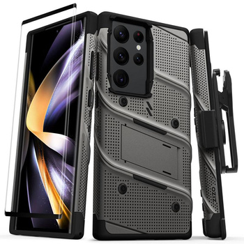 ZIZO BOLT Serie - Samsung Galaxy S23 Ultra gepanzerte Hülle mit 9H Glas für Bildschirm + Halterung mit Ständer (grau)