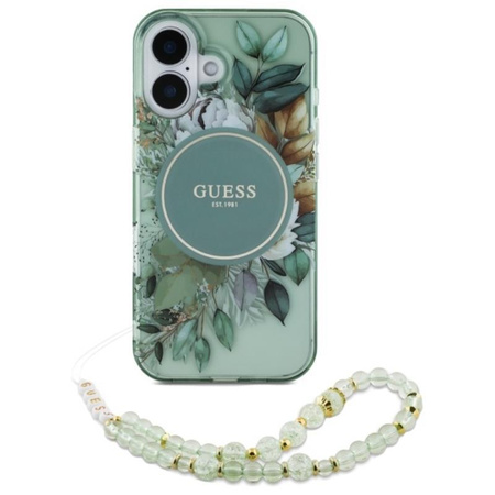 Guess IML Flowers With Pearl Strap MagSafe - pouzdro pro iPhone 16 Plus (zelené)