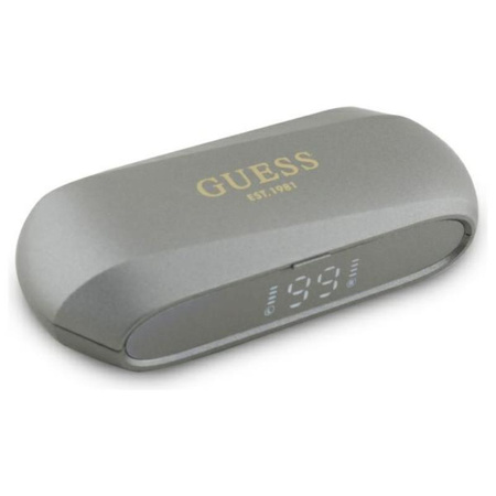 Guess Podlouhlé kovové logo s potiskem - sluchátka Bluetooth TWS + nabíjecí pouzdro (šedé)