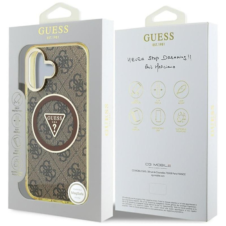 Guess IML Metal Glitter 4G Circle Triangle MagSafe - pouzdro pro iPhone 16 (hnědé)