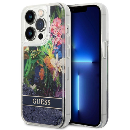 Guess Liquid Glitter Flower - Etui iPhone 14 Pro Max (niebieski)