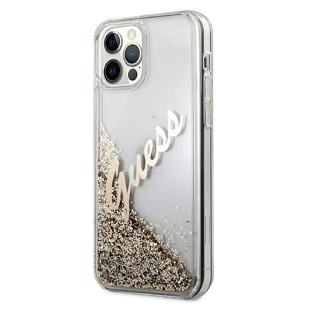 Guess Glitter Vintage Script - pouzdro pro iPhone 12 / iPhone 12 Pro (zlaté)