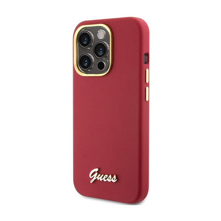 Silikonové pouzdro Guess Script Metal Logo & Frame - iPhone 15 Pro (purpurové)