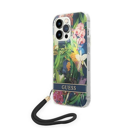 Guess Flower Cord - pouzdro se šňůrkou na iPhone 14 Pro (modré)