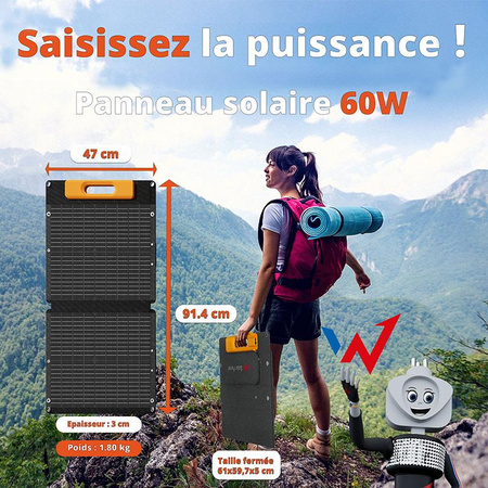 Wonder Ws60 - Panneau solaire / chargeur solaire 60W avec sortie USB-C PD 30W & USB-A QC 18W (Noir)