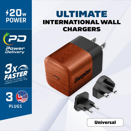 Energizer Ultimate - Multiplug EU / UK / US GaN USB-C 20W PD travel charger (Walnut burl)