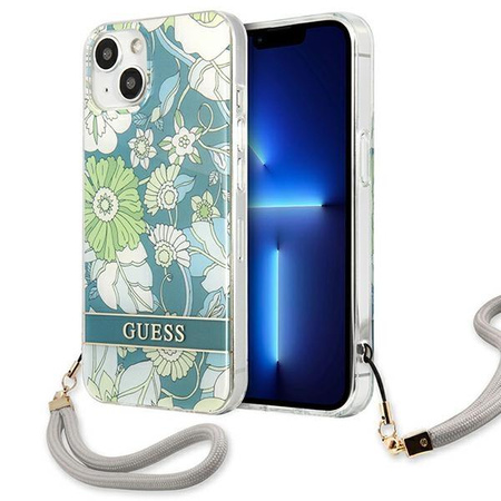 Guess Flower Cord - Etui avec dragonne iPhone 13 mini (Vert)