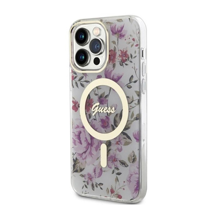 Guess Flower MagSafe - pouzdro pro iPhone 14 Pro (průhledné)