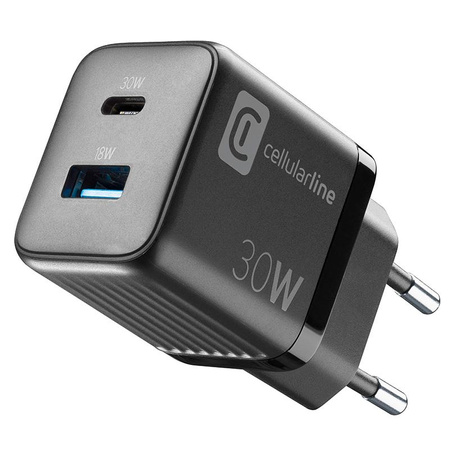 Cellularline Multipower Micro GaN - USB-C és USB-A Power Delivery 30W-os hálózati töltő (fekete)