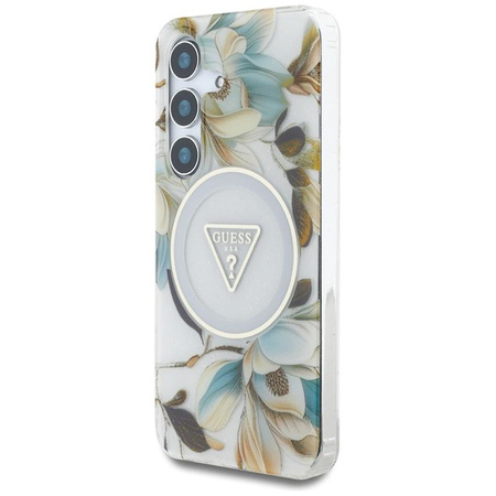 Guess Glitter Flowers Triangle Buttons MagSafe - Case for Samsung Galaxy S25 (white)