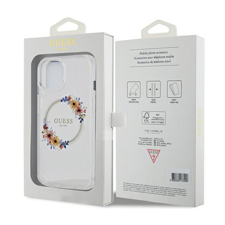 Guess IML Flowers Wreath MagSafe - Hülle für iPhone 15 (Transparent)