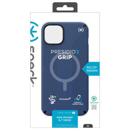 Speck Presidio2 Grip MagSafe - Custodia antiscivolo per iPhone 14 Plus (blu costiero / nero / bianco)
