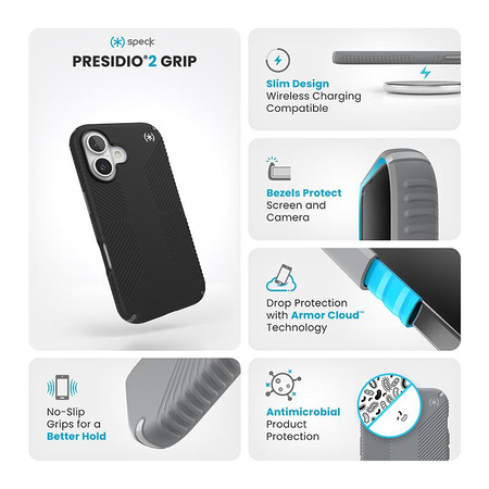 Speck Presidio2 Grip - pouzdro pro iPhone 16 (černé / břidlicově šedé / bílé)