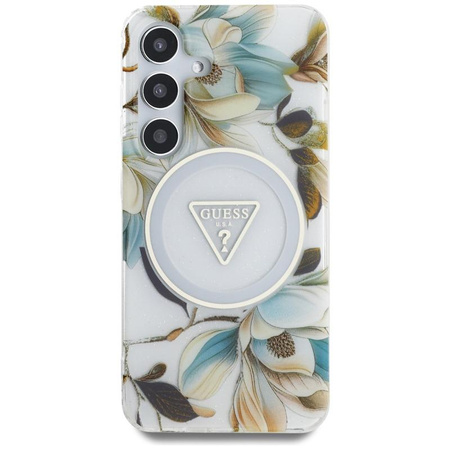 Guess Glitter Flowers Triangle Buttons MagSafe - tok Samsung Galaxy S25 (fehér)