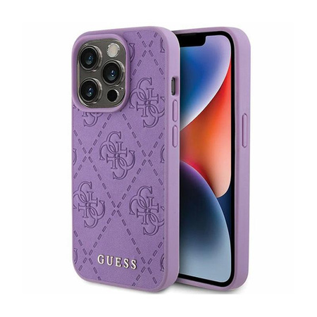 Kožené pouzdro Guess 4G s razítkem - iPhone 15 Pro Max (fialové)