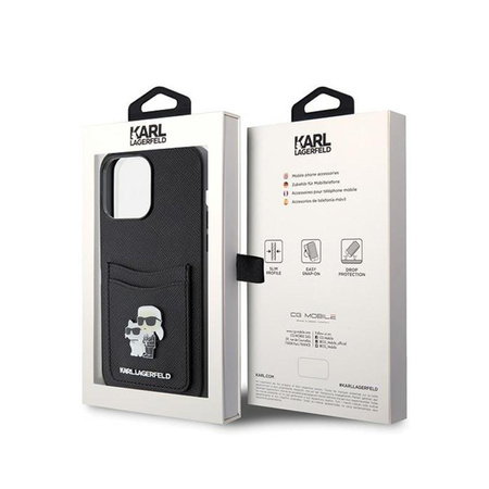 Karl Lagerfeld Saffiano Cardslot Karl & Choupette Metal Logo - Coque iPhone 15 Pro Max (noir)