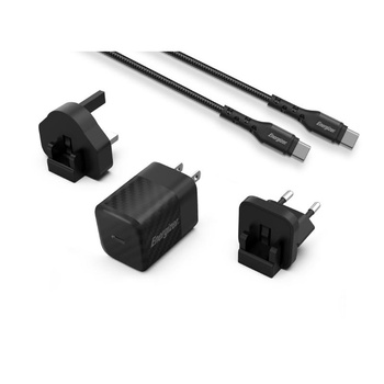 Energizer Ultimate - Multiplug EU / UK / US GaN USB-C 20W PD utazási töltő + USB-C kábel (fekete)