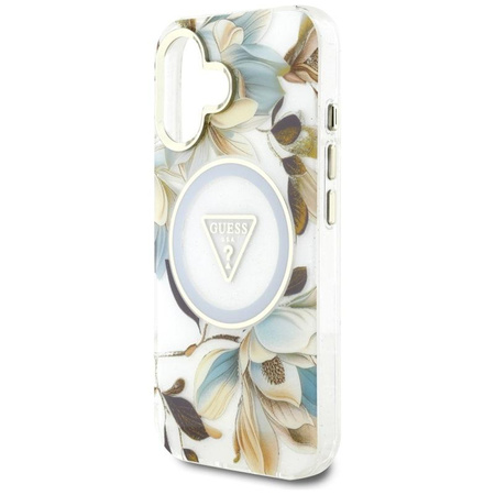 Guess Glitter Flowers Triangle Buttons MagSafe - Case for iPhone 16 (white)
