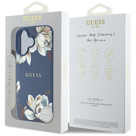 Guess MagSafe - Tasche mit genarbtem Blumenmuster für iPhone 16 (blau)