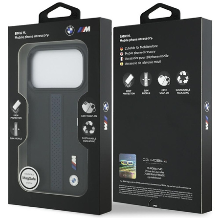 Custodia MagSafe con logo BMW M a strisce perforate per iPhone 17 Pro (blu)