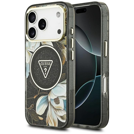 Guess IML Glitter Flowers Triangle MagSafe - Case iPhone 17 Pro (black)