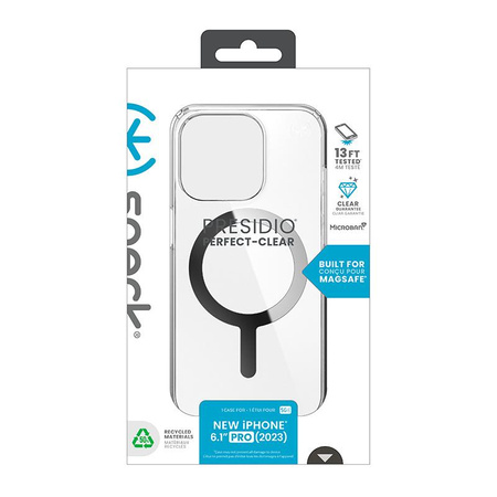 Speck Presidio Perfect-Clear MagSafe - iPhone 15 Pro Case (Clair / Finition Chrome / Argent Serein)