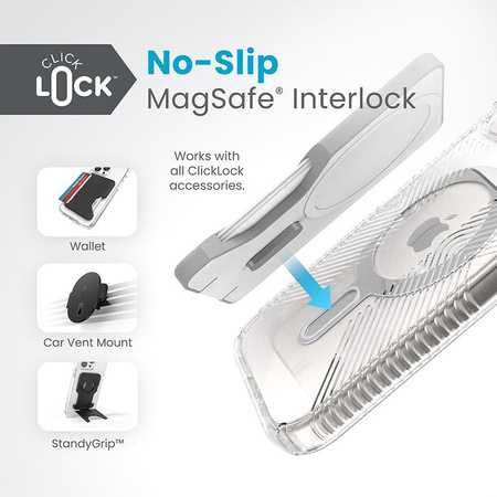 Speck Presidio Perfect-Clear Grip ClickLock & Magsafe - Coque pour iPhone 15 (Transparente / Finition chromée / Argent Serein)