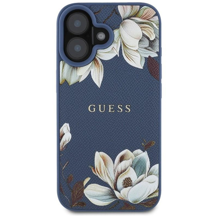 Guess MagSafe - Tasche mit genarbtem Blumenmuster für iPhone 16 (blau)