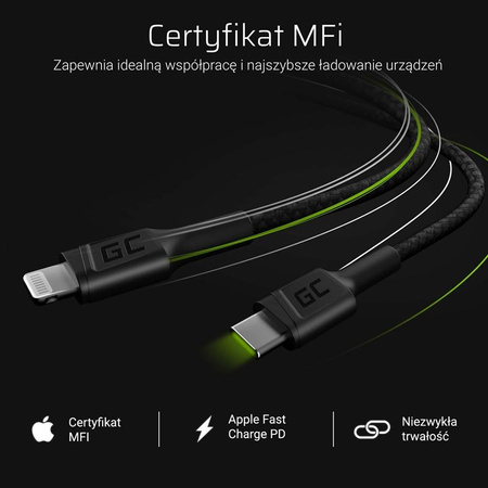 Green Cell Power Stream - USB-C - Lightning Kabel 100 cm mit Power Delivery Unterstützung (Apple MFi Certified)