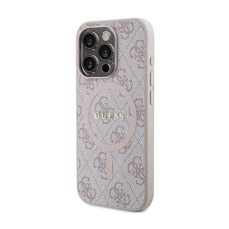 Guess 4G Collection Cuir Logo Métal MagSafe - Étui pour iPhone 14 Pro Max (rose)