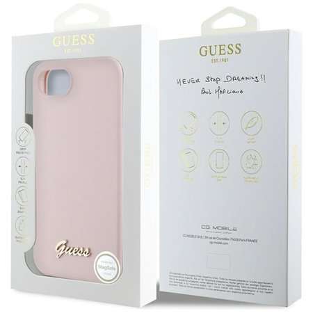 Guess szilikon script fém logó MagSafe - tok iPhone 16e készülékhez (rózsaszín)