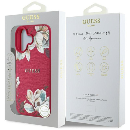 Guess MagSafe - Tasche mit genarbtem Blumenmuster für iPhone 16 (fuchsia)