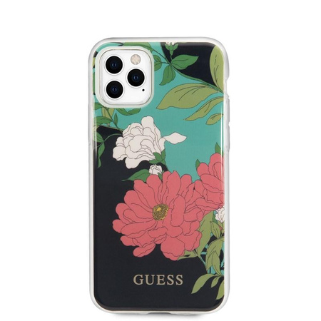 Guess Flower Shiny Collection N1 - Coque pour iPhone 11 Pro Max (Noir)